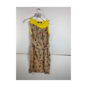 Anthropologie Eva Franco Office Yellow Bird Print Sleeveless Midi Fitted Dress